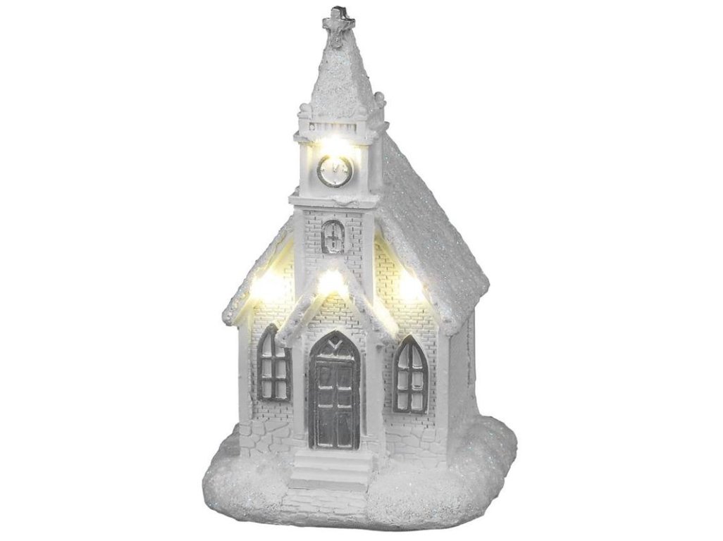 Dekorácia MagicHome Vianoce, Kostol biely, 4 LED teplá biela, 2xAAA, interiér, 10x9x17 cm