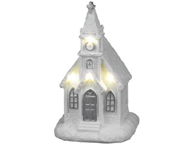 Dekorácia MagicHome Vianoce, Kostol biely, 4 LED teplá biela, 2xAAA, interiér, 10x9x17 cm