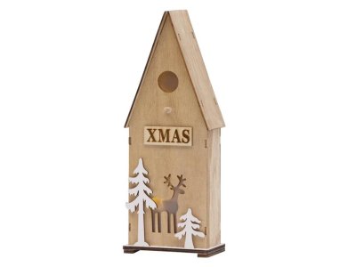 Dekorácia MagicHome Vianoce Woodeco, Vtáčia búdka, 3 LED, 12x7x32 cm