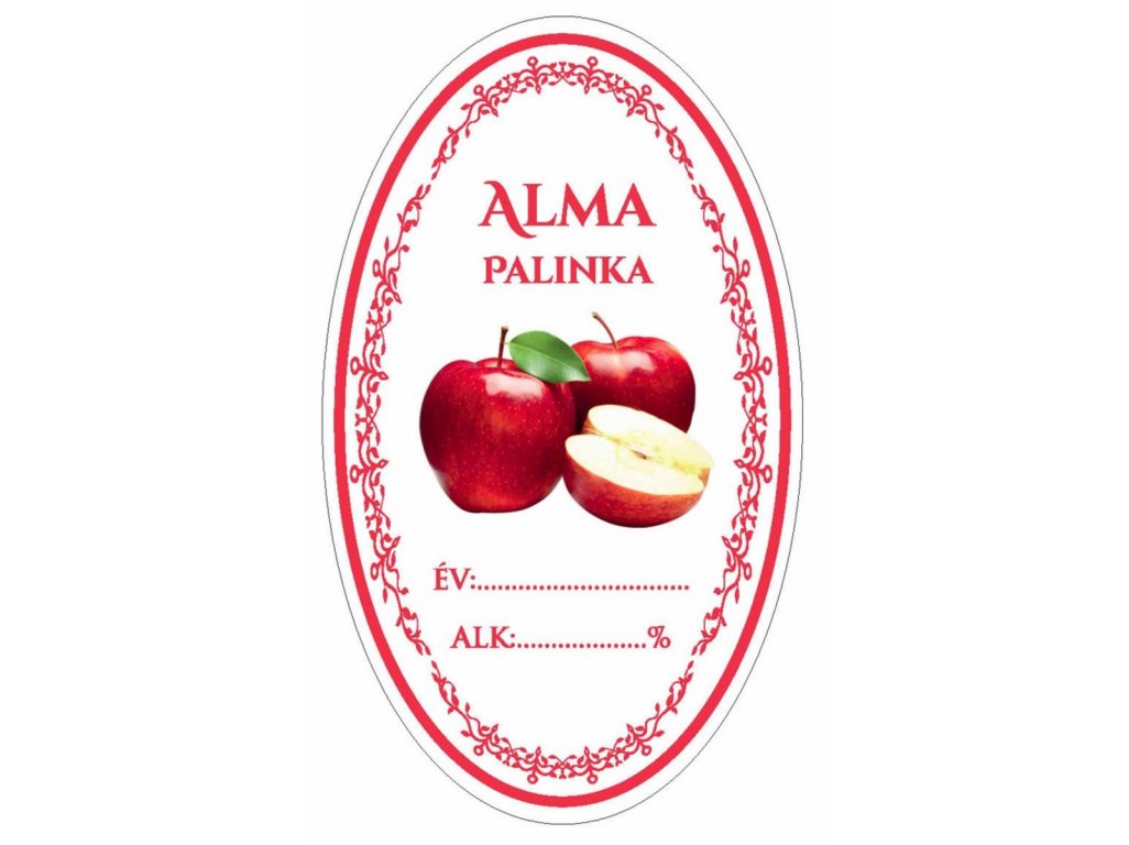 Samolepka domáca JABLKOVICA/ALMA PALINKA červ. ovál 16ks etikiet HU