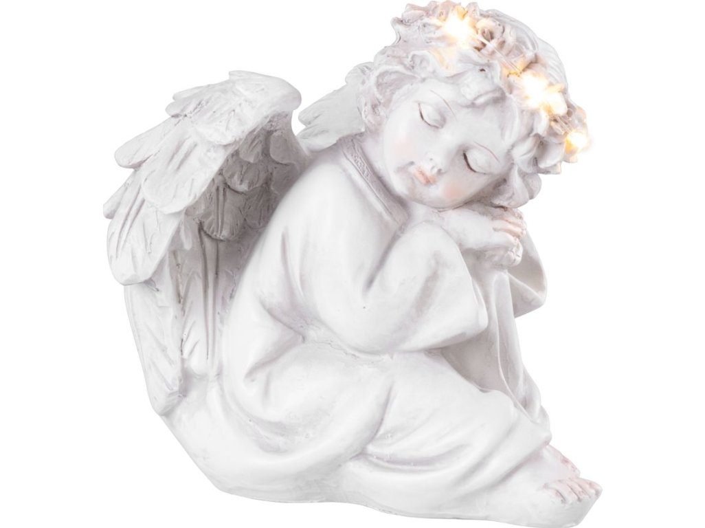 Dekorácia MagicHome, Sediaci anjel, LED, polyresin, na hrob, 15x15x14,5 cm