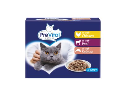 PREVITAL kompletné krmivo pre dospelé mačky s kuracinou s teľacinou s lososom v omáčke 12x100g