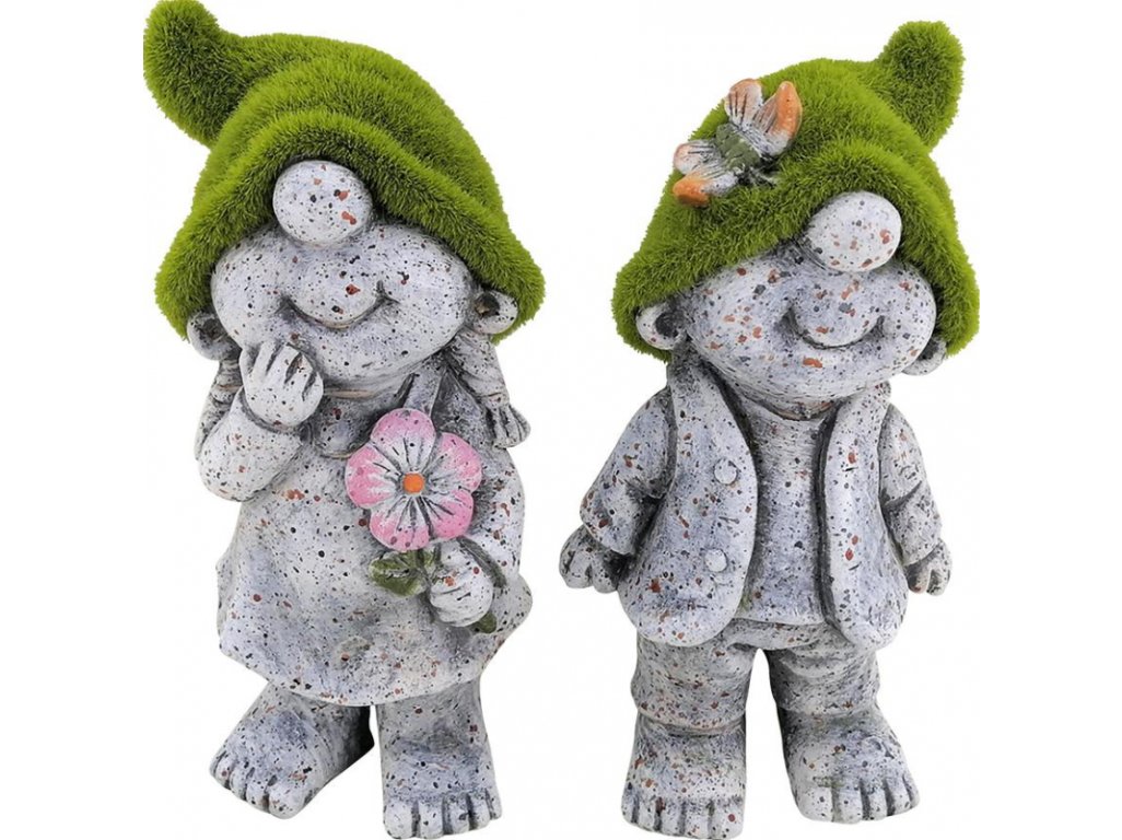 Dekorácia MagicHome, Trpaslíci dievča so zelenými klobúkmi, keramika, 9,5x6,5x17,8 cm