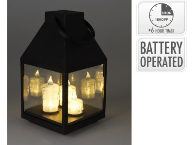 Lampáš svietnik s LED sviečkami 13,5x13,5x25 cm s časovačom plast čierny