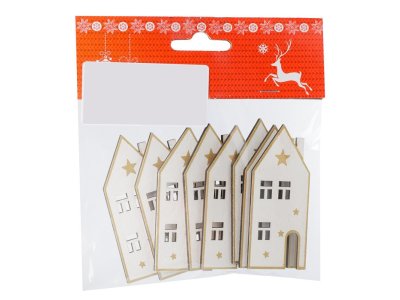 Ozdoba domček lepiaci 3x7cm sada 8ks biely drevo