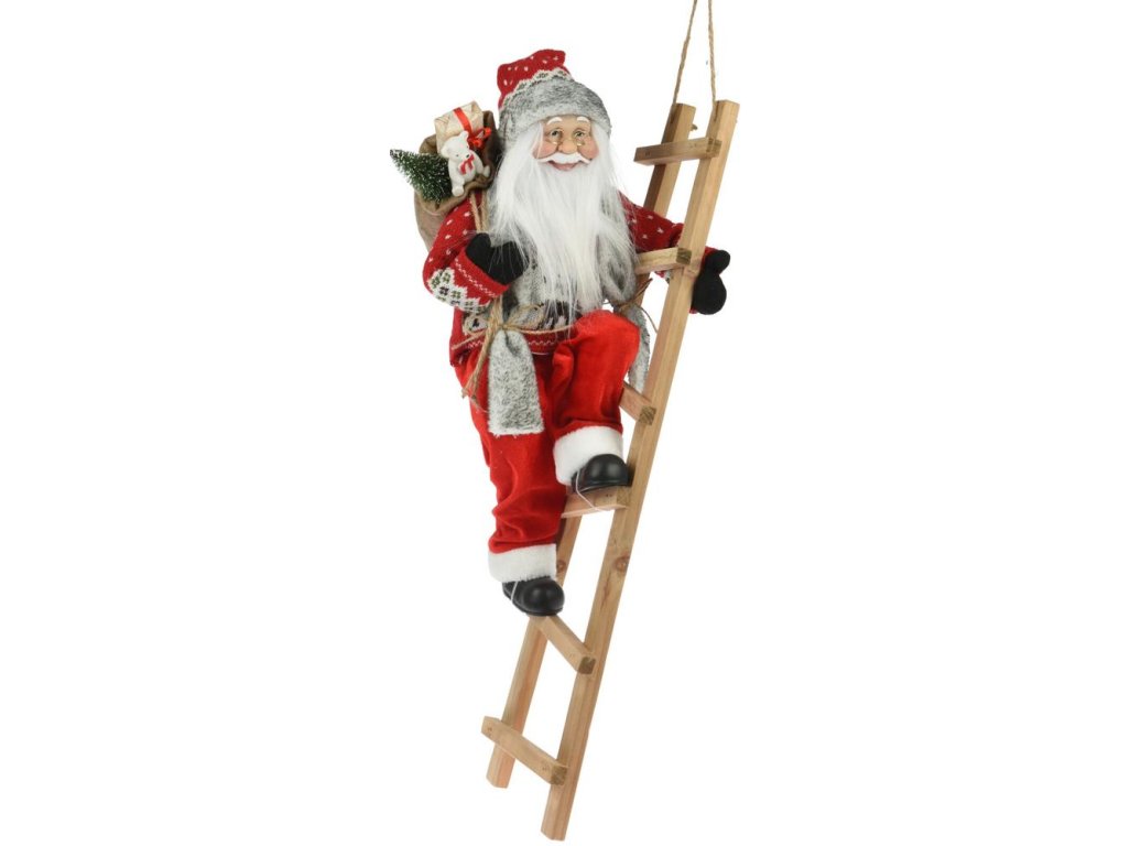Postavička Santa na rebríku 25x30x65 cm plast/plyš/drevo červený