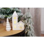Dekorácia MagicHome, Domček s kostolom, LED, biely, porcelán, 11,2x5,5x17,4 cm
