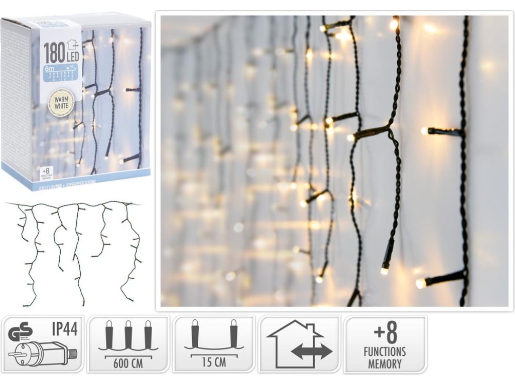 Svetlo vianočné cencúle 180 LED teplé biele, 6 m, s funkciami, vonkajšie/vnútorné
