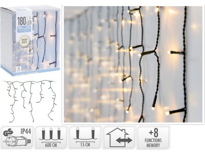 Svetlo vianočné cencúle 180 LED teplé biele, 6 m, s funkciami, vonkajšie/vnútorné