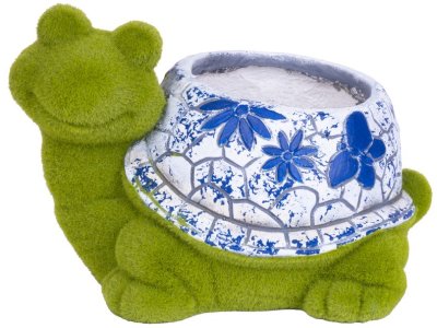 Dekorácia MagicHome, Korytnačka s kvetináčom, modrý ornament, keramika, 33x24x23 cm