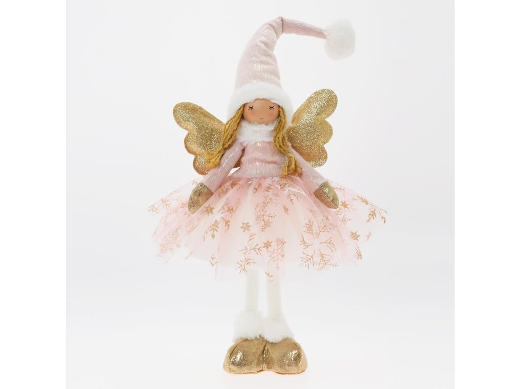Postavička anjel stojaci LED 50 cm textil ružovo-zlatý