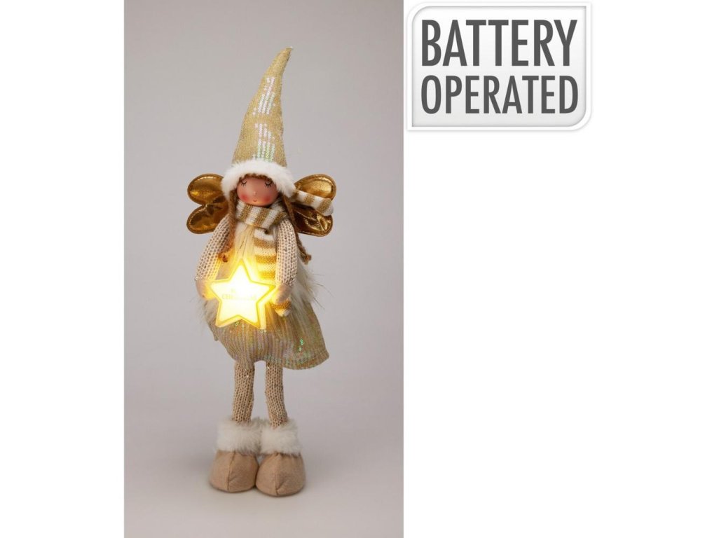 Postavička anjel s hviezdou stojaci LED 55 cm polyester bielo-zlatý