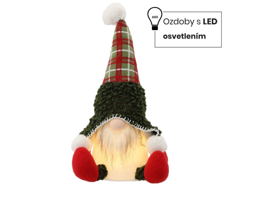 Škriatok látkový LED zelená čiapka 22x17x34cm