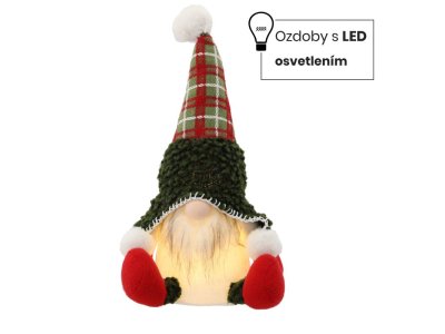 Škriatok látkový LED zelená čiapka 22x17x34cm