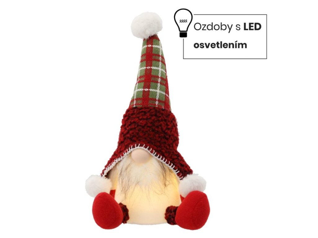 Škriatok látkový LED červená čiapka 22x17x34cm