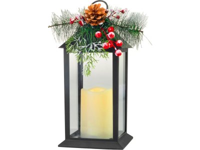 Lampáš MagicHome Vianoce, s vetvičkou, plast, čierny, 1xLED žltá, 14x14x32.2 cm, 3xAAA, pohyblivý plameň