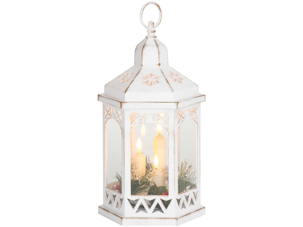 Lampáš MagicHome Vianoce Morocco, LED teplá biela, sviečky, biely, 3xAAA, plast, časovač, 18x15x32 cm