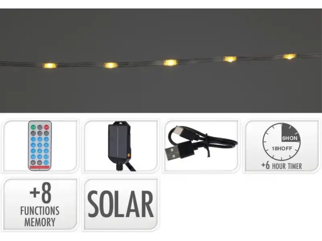 Svetlo 240 LED, 12m, reťaz, teplé biele solár. s časovačom, s funkciami