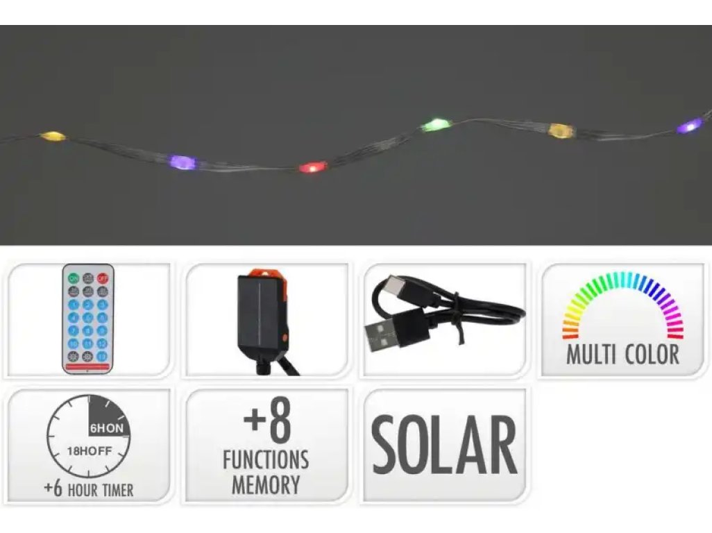 Svetlo 240 LED reťaz, 12m, farebné solárne s časovačom, s funkciami