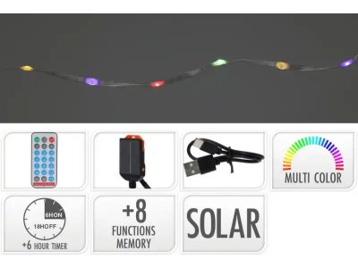 Svetlo 240 LED reťaz, 12m, farebné solárne s časovačom, s funkciami
